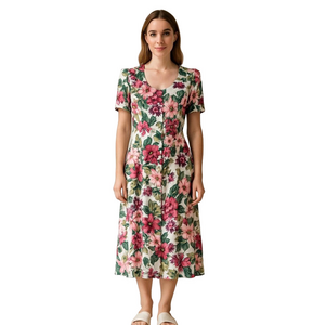 Vintage Dawn Joy Fashions Dress 1980s Floral Drop Waist Button Closure 10